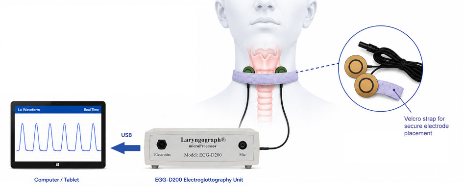 Laryngograph EGG-D200 electroglottography system — electrode strap on neck at thyroid cartilage, cables connecting to EGG-D200 unit via USB to tablet displaying real-time Lx waveform