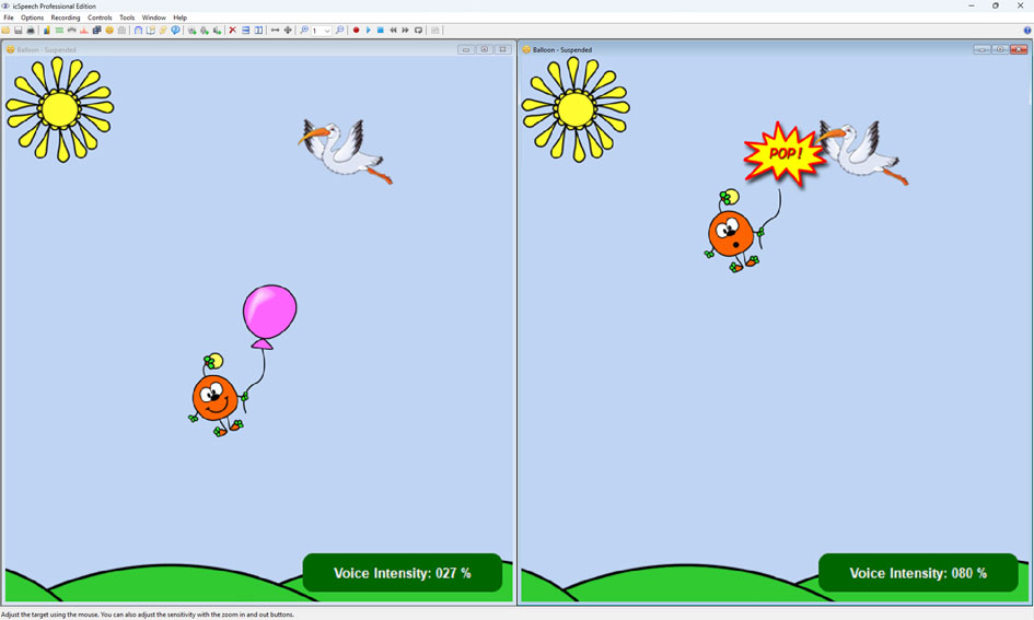 icSpeech Professional Edition balloon biofeedback game — character holds a balloon that rises with voice intensity, shown at 27% and 80% voice intensity with a stork and POP! animation at target