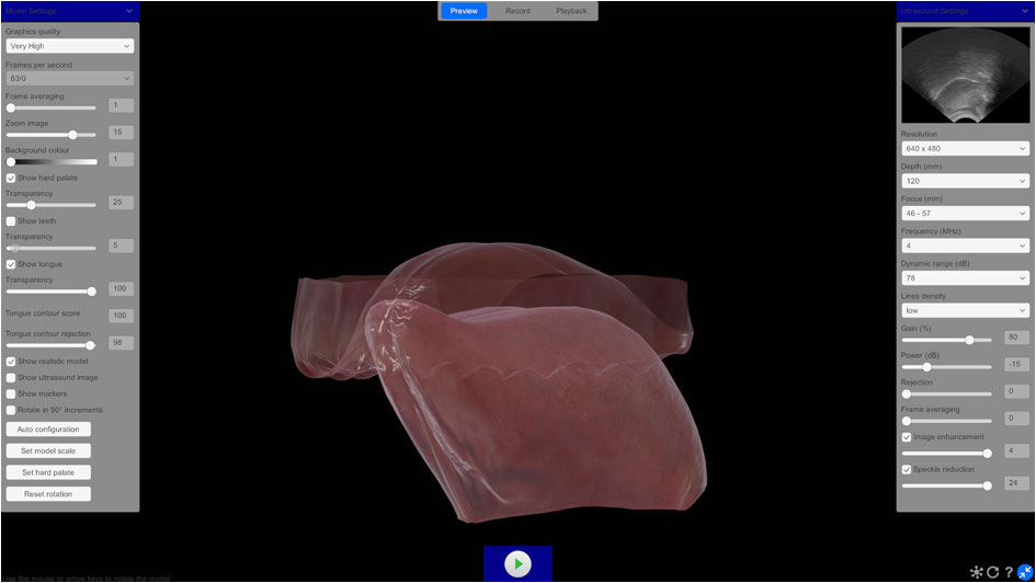 LinguaSound 3D tongue model showing adjustable hard palate transparency revealing tongue position