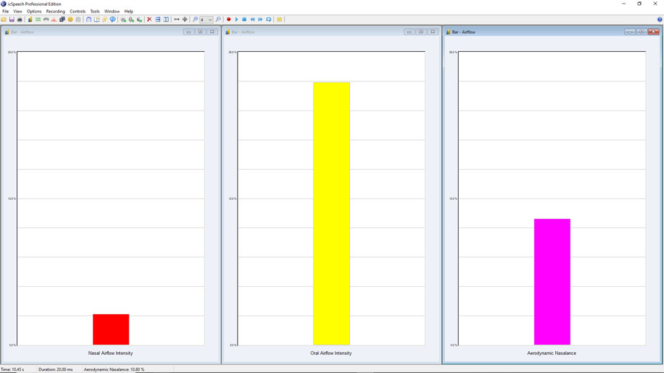 icSpeech Professional Edition dynamic bar chart display showing aerodynamic nasalance, nasal airflow and oral airflow during SNORS measurement