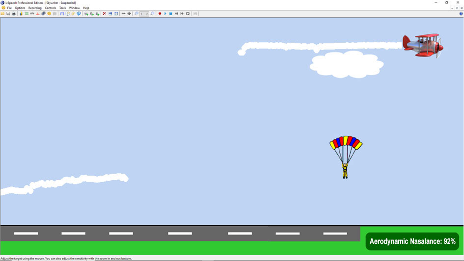 icSpeech Professional Edition Skywriter biofeedback game showing aerodynamic nasalance in real time during speech therapy