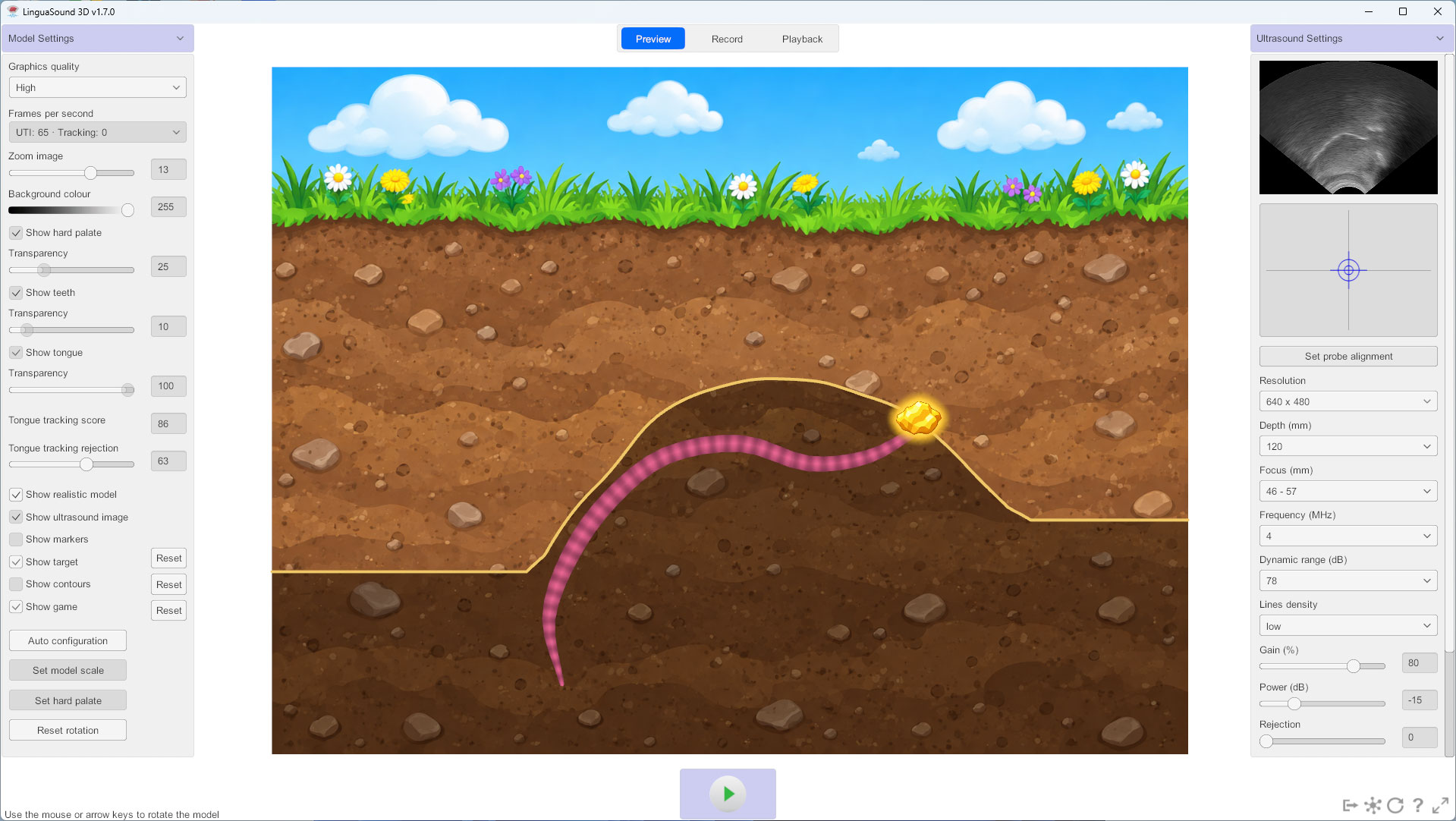 LinguaSound 3D ultrasound tongue imaging game with an animated worm tongue contour and movable gold nugget target.